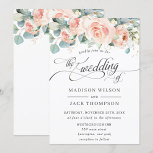 Invitation Chic Peach Floral Calligraphie Mariage de verdure