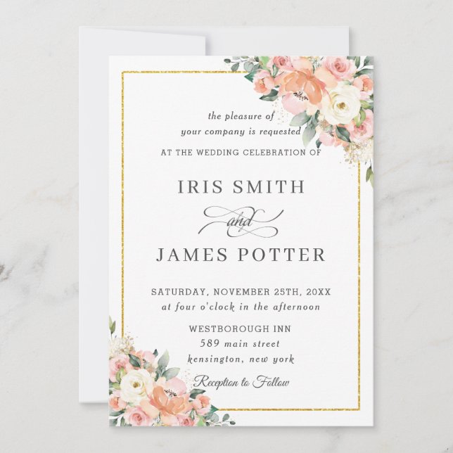 Invitation Chic Peach Ivory Blush Floral Gold Mariage (Devant)