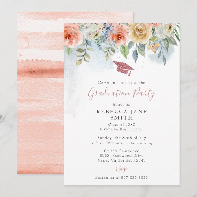 Invitation Chic Peach Pink Flowers Rose Gold Casquette Gradua (Devant / Derrière)
