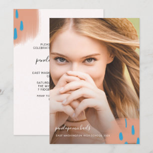 Invitation Chic Peach Splashes Photo Graduation Party