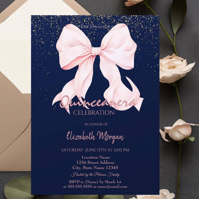 Invitation Chic Pink Bow Confetti Navy Blue Quinceañera   (Créateur téléchargé)