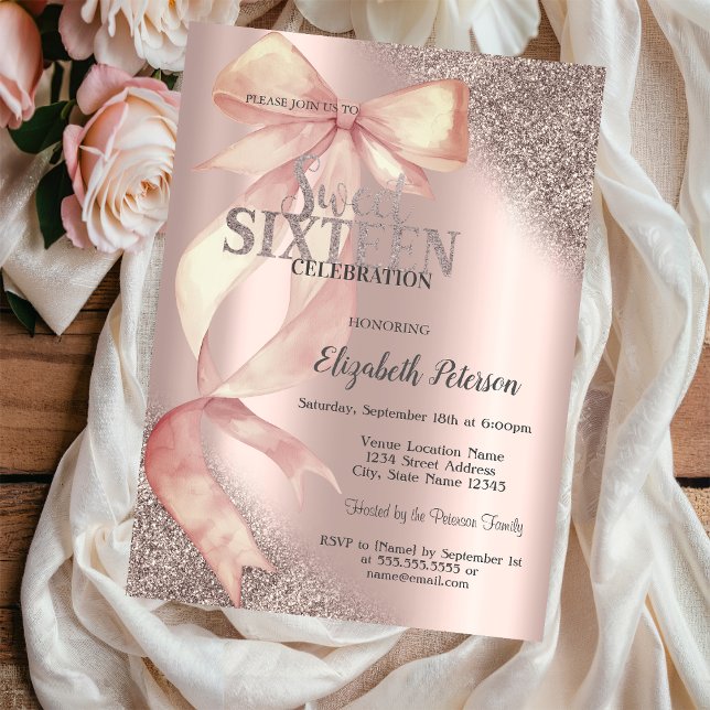 Invitation Chic Pink Bow Glitter Rose Gold Sweet 16  (Créateur téléchargé)
