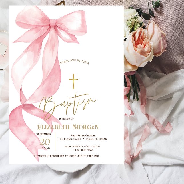 Invitation Chic Pink Bow Gold Cross Baptism (Créateur téléchargé)