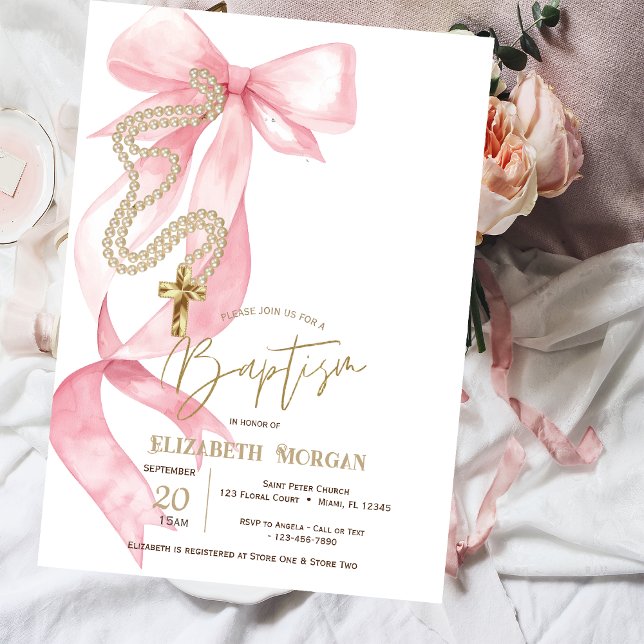 Invitation Chic Pink Bow Pearls Cross Baptism (Créateur téléchargé)