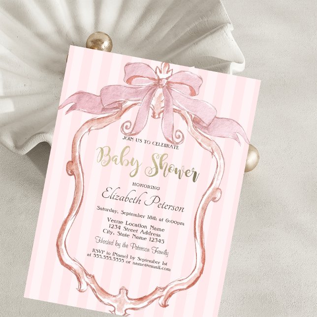 Invitation Chic Pink Bow Retro Frame Striped Baby Shower  (Créateur téléchargé)