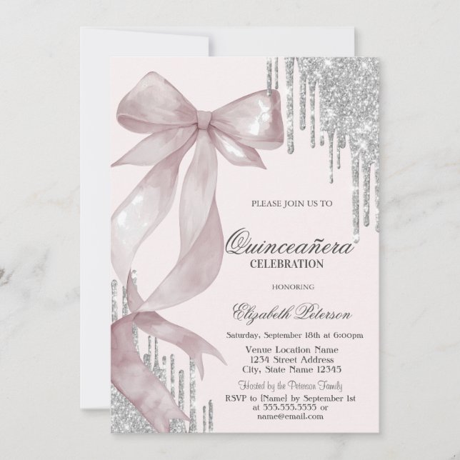 Invitation Chic Pink Bow Silver Glitter Drips Quinceañera (Devant)