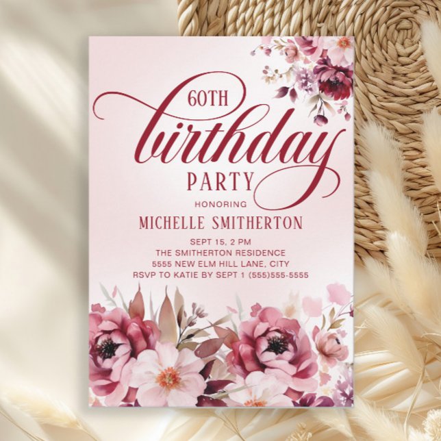 Invitation Chic Pink Burgundy Floral Glam 60th Birthday (Elegant burgundy and pink watercolor floral women's 60th birthday party invitation)