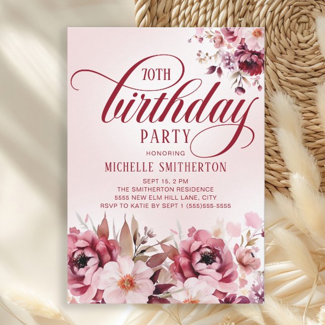 Invitation Chic Pink Burgundy Floral Glam 70th Birthday (Burgundy and pink watercolor floral 70th birthday party invitation)