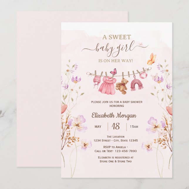 Invitation Chic Pink Clothesline Wildflowers Baby Shower (Devant / Derrière)