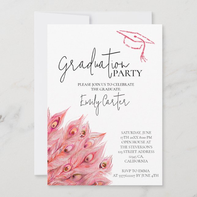 Invitation Chic Pink Feather Graduation Party (Devant)