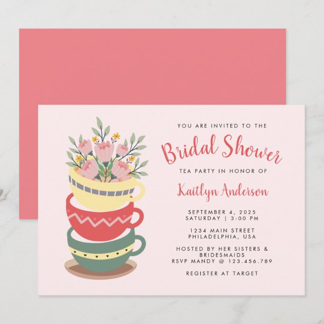 Invitation Chic Pink Floral Fête des mariées Tea Party (Devant / Derrière)