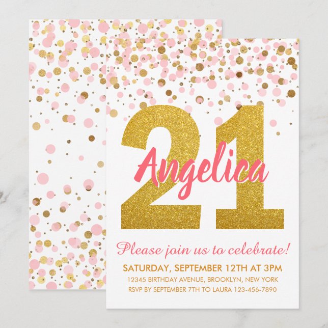 Invitation Chic Pink Gold Parties scintillant Confetti Fille  (Devant / Derrière)