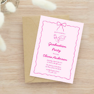 Invitation Chic Pink Hand Drawn Bow Squiggle Graduation Party