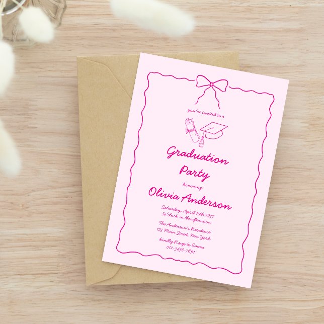 Invitation Chic Pink Hand Drawn Bow Squiggle Graduation Party (Créateur téléchargé)