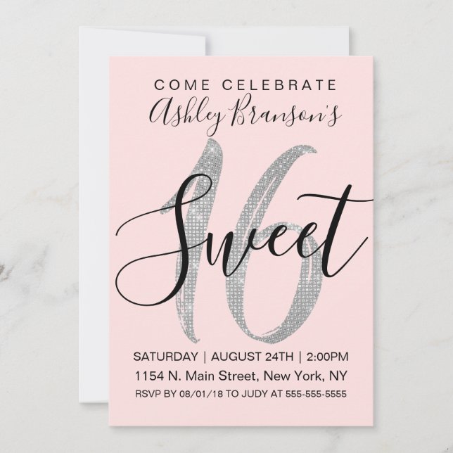 Invitation Chic Pink Silver Sequin Parties scintillant Sweet  (Devant)