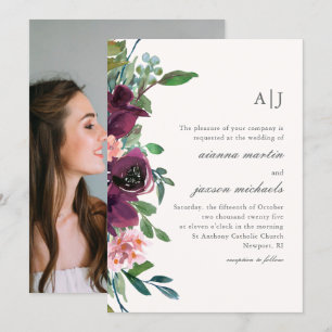 Invitation Chic Plum Watercolor Floral sur Blush Photo Mariag
