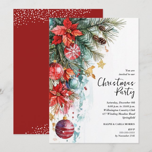 Invitation Chic Poinsettia Christmas Party (Devant / Derrière)