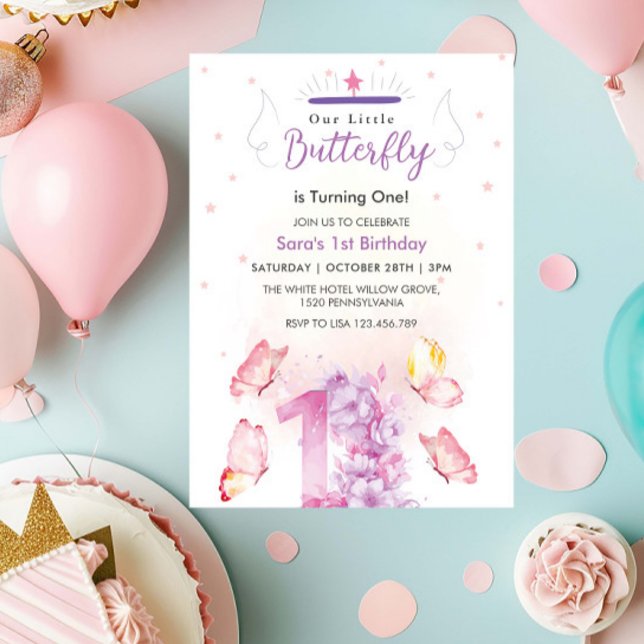 Invitation Chic Premier Anniversaire Purple Floral & Papillon (Créateur téléchargé)