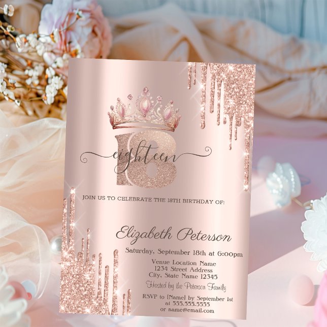 Invitation Chic Princess Parties scintillant   Rose Gold 18e (Créateur téléchargé)