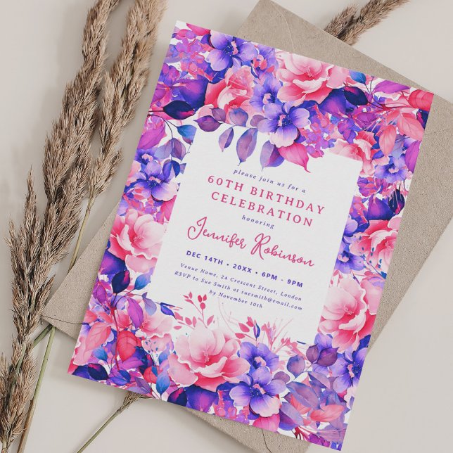 Invitation Chic Purple Aquarelle Florale 60e fête d'anniversa (Chic Purple Watercolor Floral 60th Birthday Party Invitation)