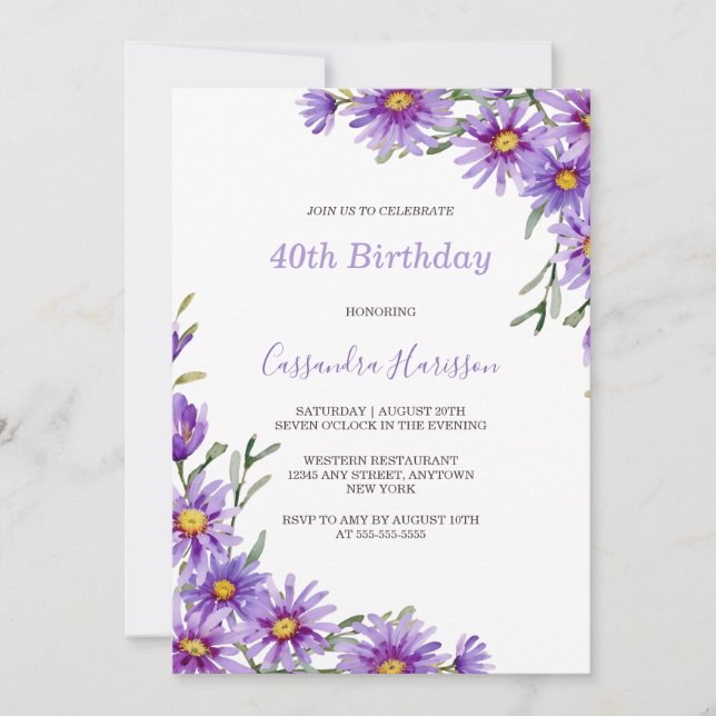 Invitation Chic Purple Aster Floral Botanique Anniversaire (Devant)