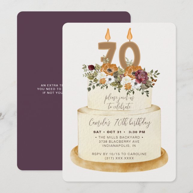 Invitation Chic Purple Automne 70e anniversaire gâteau (Devant / Derrière)