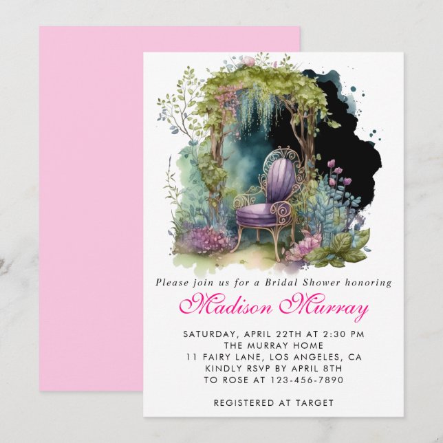 Invitation Chic Purple Blue Floral Garden Chaise Fête des mar (Devant / Derrière)