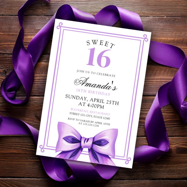 Invitation Chic Purple Bow Coquette Girl Sweet 16 Anniversair (Créateur téléchargé)