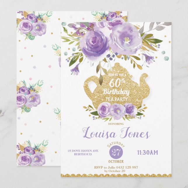 Invitation Chic Purple Floral 60e anniversaire Tea Party N'im (Devant / Derrière)