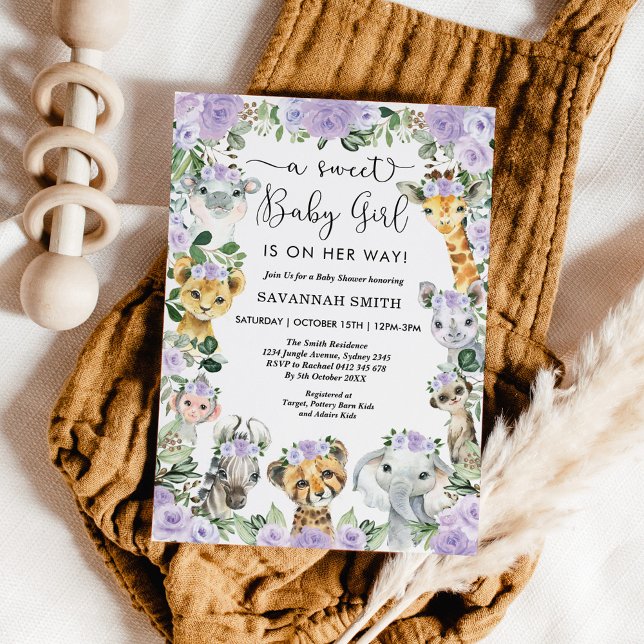 Invitation Chic Purple Floral Safari Animaux Fille Baby showe (Créateur téléchargé)