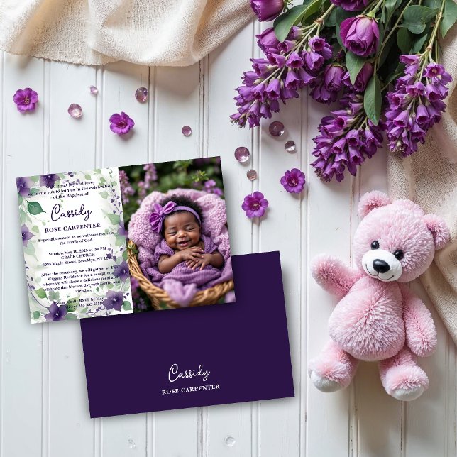 Invitation Chic Purple Garland Floral Photo Christening Baby (Elegant Purple Garland Flowers on a White Background – Baby Christening Invitation Cards with Photo.)