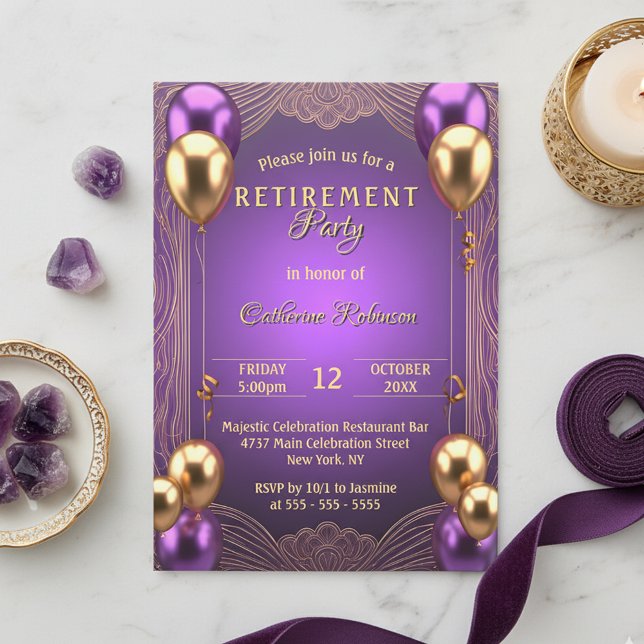 Invitation Chic Purple Gold Balloon Art Déco Parti de retrait (Créateur téléchargé)