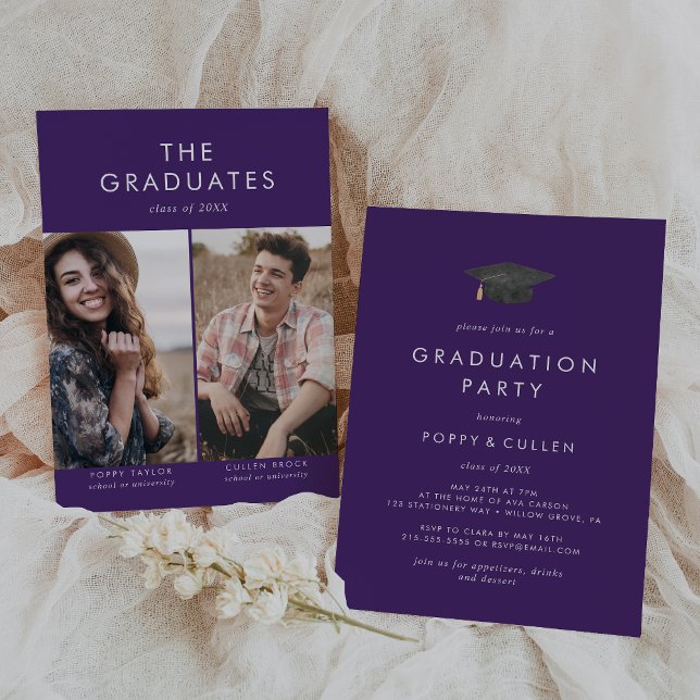 Invitation Chic Purple Grad Casquette Photo Double Graduation (Créateur téléchargé)