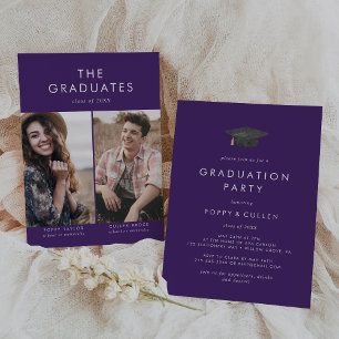 Invitation Chic Purple Grad Casquette Photo Double Graduation