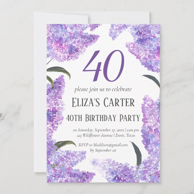 Invitation Chic Purple Lilac 40e Quarante Anniversaire élégan (Devant)