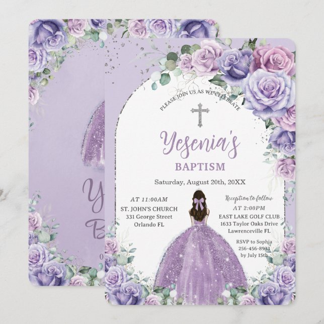 Invitation Chic Purple Lilac Floral Arc Argent Baptême (Devant / Derrière)