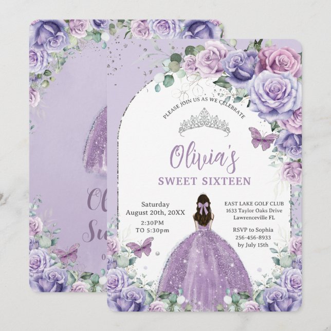 Invitation Chic Purple Lilac Floral Sweet 16 Anniversaire (Devant / Derrière)