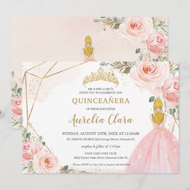 Invitation Chic Quinceañera Blush Rose Floral Blonde 15 Anos (Devant / Derrière)