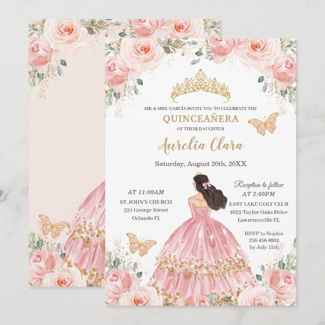 Invitation Chic Quinceañera Blush Rose Floral Gold Princess (Devant / Derrière)