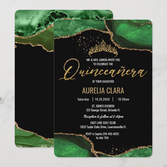 Invitation Chic Quinceañera Emerald Green Agate Marbre (Devant / Derrière)
