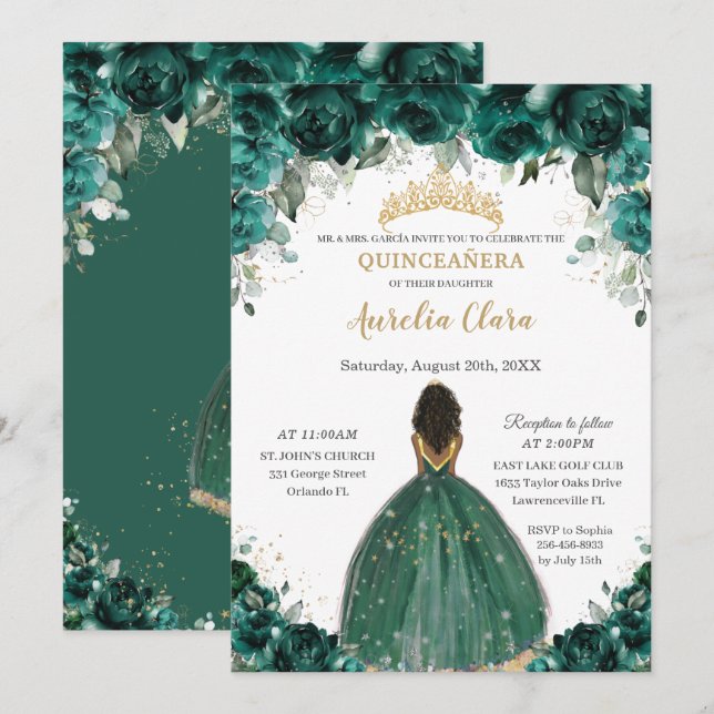 Invitation Chic Quinceañera Emerald Green Floral Princesse (Devant / Derrière)