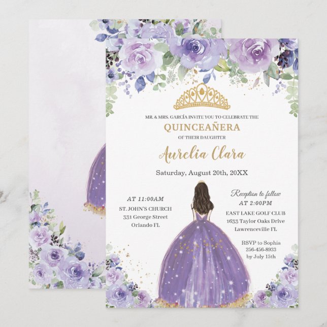 Invitation Chic Quinceañera Purple Lilac Floral Princesse (Devant / Derrière)