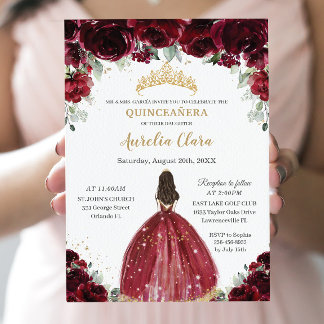 Invitation Chic Quinceañera Rich Bourgogne Rouge Floral Princ