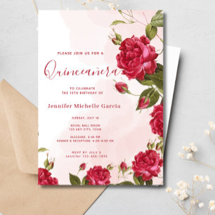 Invitation Chic Quinceañera Roses rouges Floral Princesse