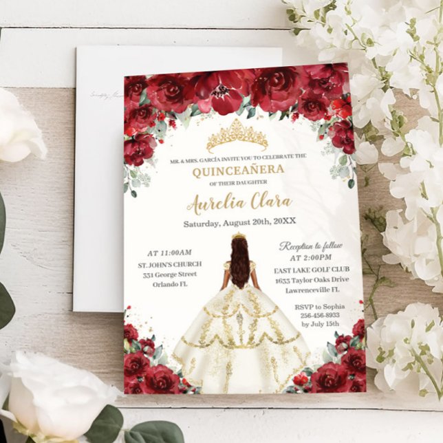 Invitation Chic Quinceañera Rouge Floral Princesse blanche (Créateur téléchargé)