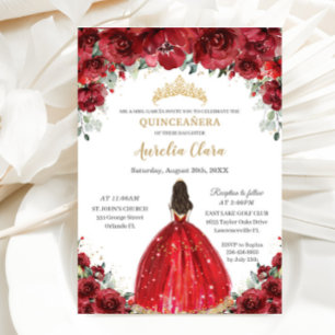 Invitation Chic Quinceañera Rouge Floral Rose Princesse Tiara