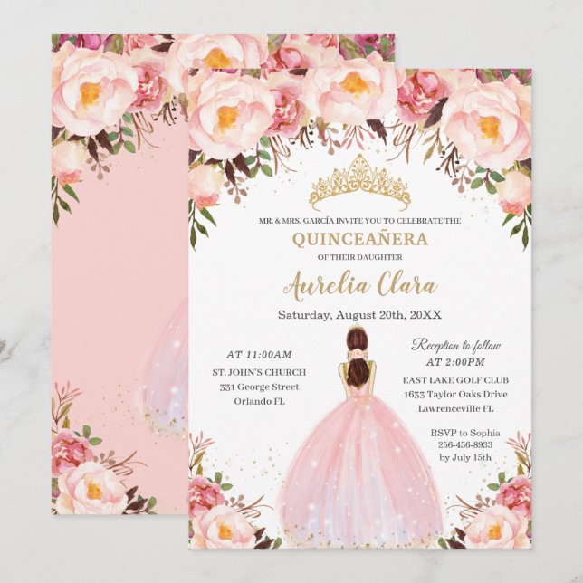 Invitation Chic Quinceañera Soft Blush Floral Princess (Devant / Derrière)