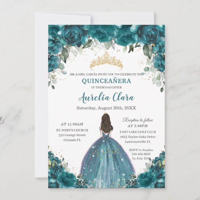Invitation Chic Quinceañera Turquoise Cyan Floral Princess Cr (Devant)