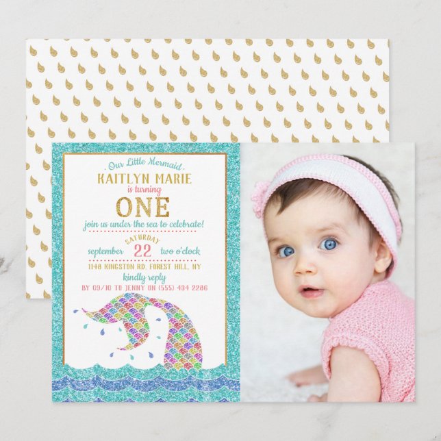 Invitation Chic Rainbow Parties scintillant Mermaid 1er anniv (Devant / Derrière)