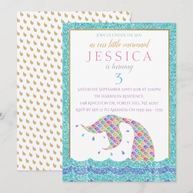 Invitation Chic Rainbow Parties scintillant Sirène N'importe  (Devant / Derrière)